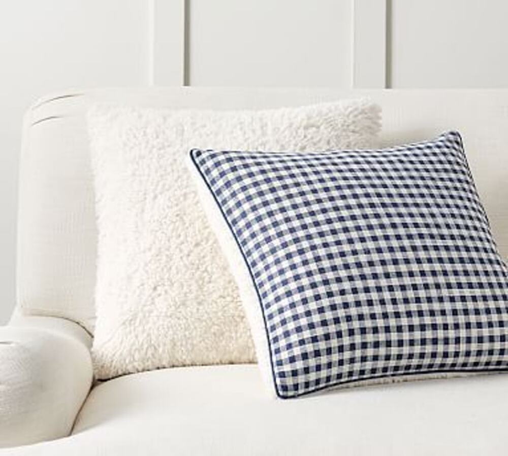 POTTERY BARN 18" blue feather insert gingham decorative throw pillow sherpa back